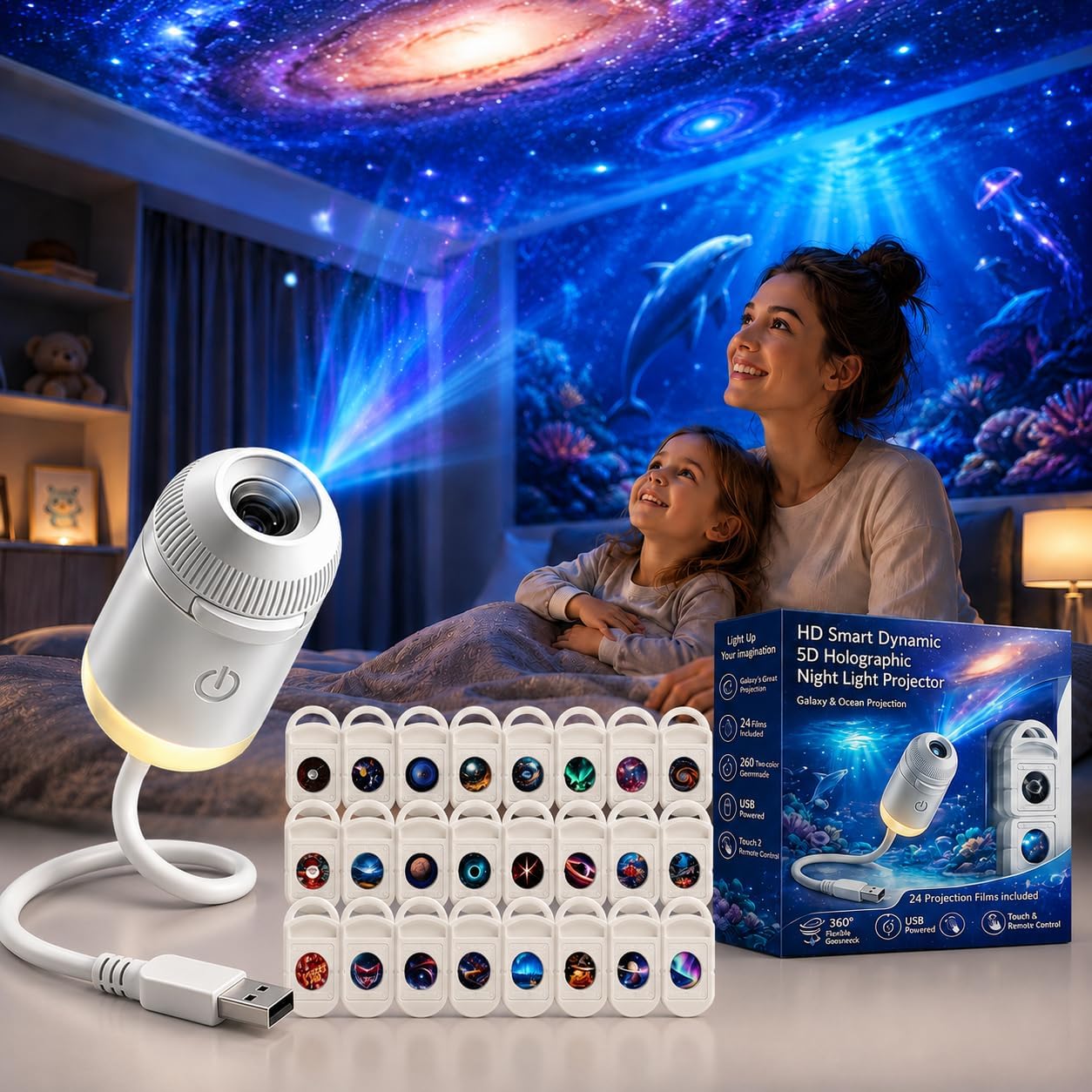 Planetarium Projector Home - HD Smart Dynamischer 5D Holographischer Nachtlicht-Projektor,